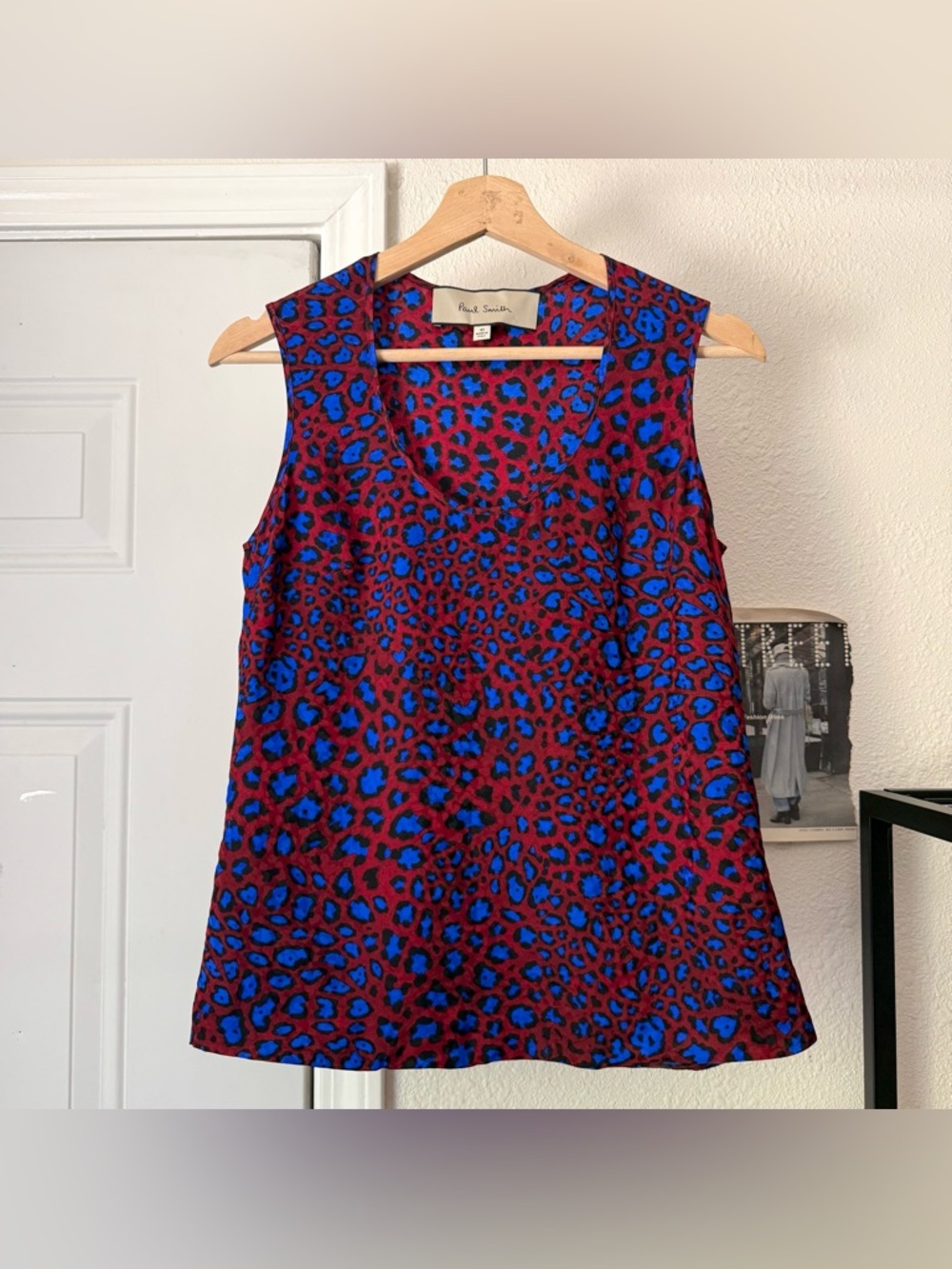 Paul Smith burgundy‎ blue leopard cheetah animal silk crew neck cropped tank top